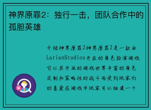 神界原罪2：独行一击，团队合作中的孤胆英雄